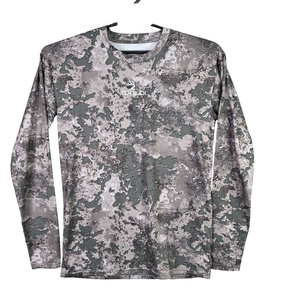 Mens Ten Buck Gray Camo Shirt Long Sleeve Crew Neck Polyester Stretch Size M
